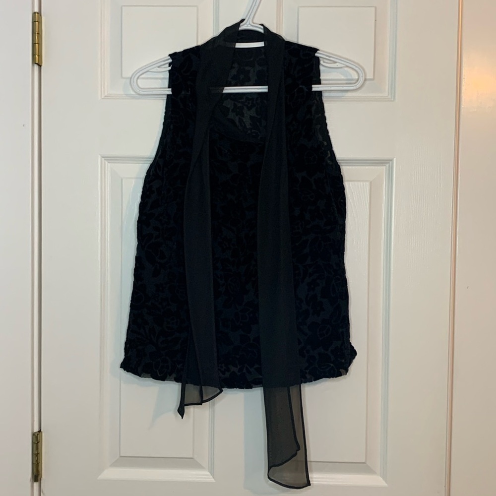 Black Velvet Burnout Floral Blouse Semi Sheer Sleeveless Collared Neck Bow Party - Picture 2 of 13